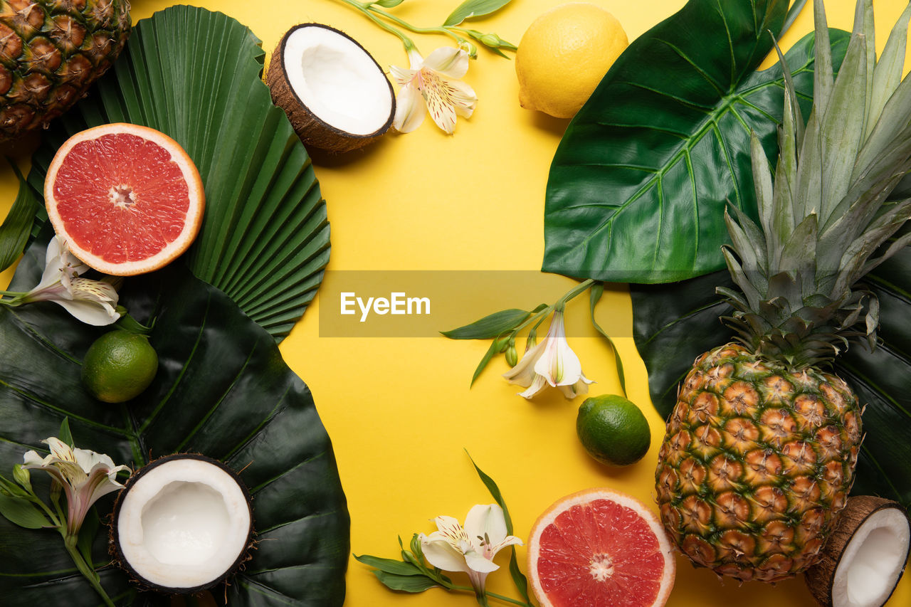 high angle view of pineapple and vegetables on table