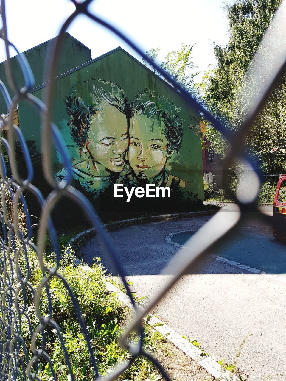 PLANTS SEEN THROUGH CHAINLINK FENCE AGAINST WALL