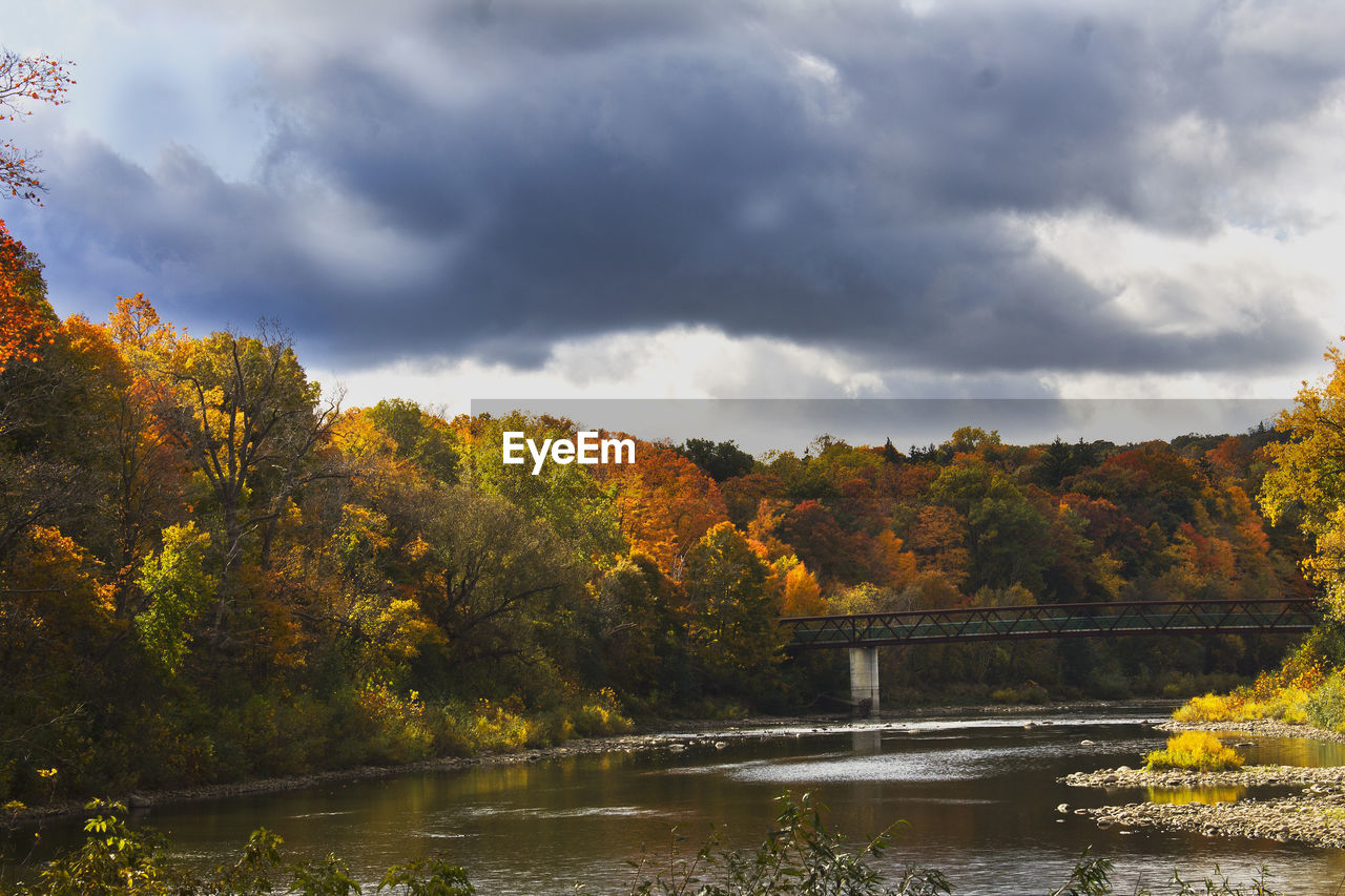 Scenic view of river by autumn trees against sky