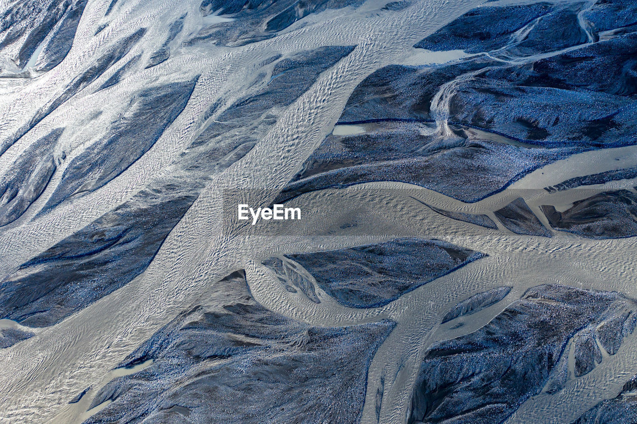 Aerial view of a huge riverbed, melting glacier, iceland. global warming and climate change concept