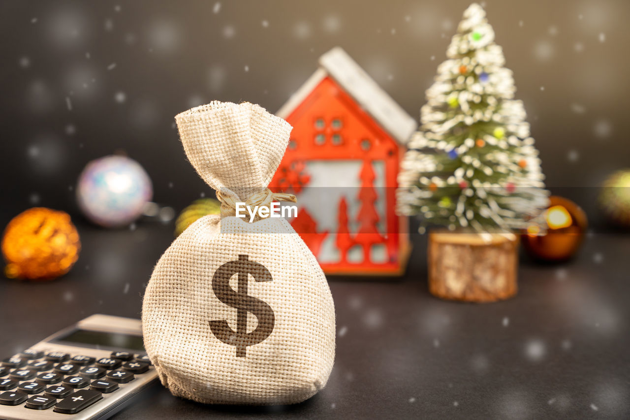 Dollars money bag on the background of a christmas tree, house and snow. accumulating money