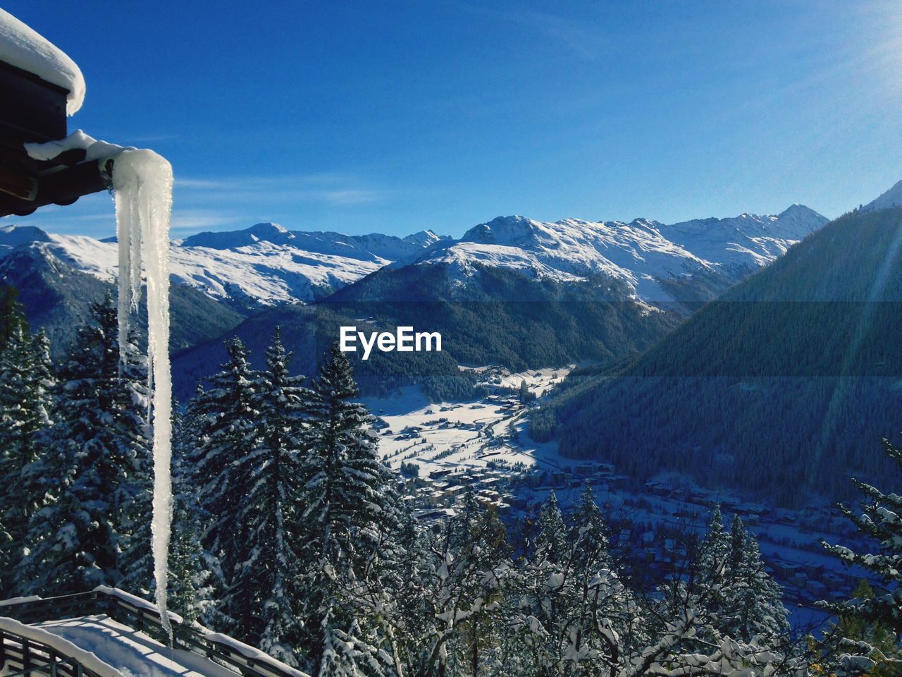 Scenic view of snowcapped mountains against sky seen from hotel schatzalp