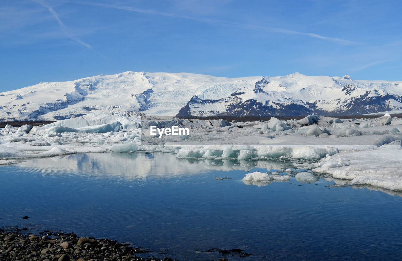 Stunning view of jokulsarlon's lagoon with ice and snow.