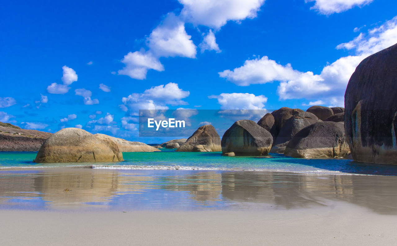 Panoramic view of sea and rocks against sky