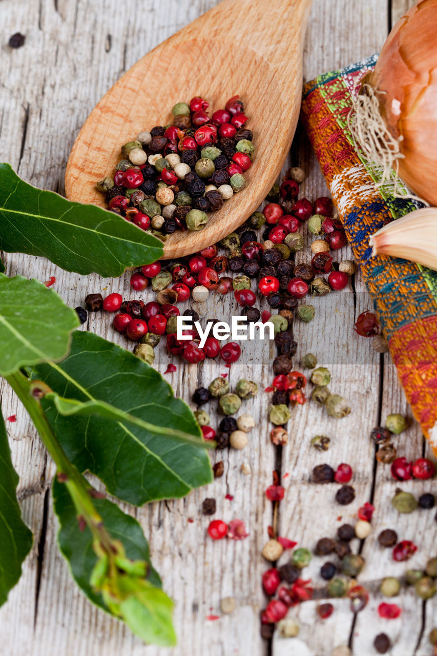 high angle view of food on wooden table