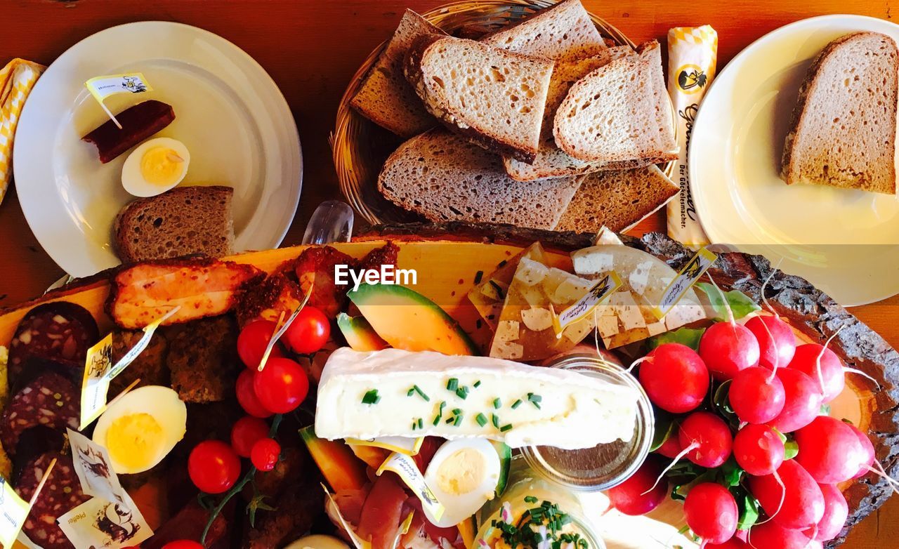 High angle view of breakfast served on table