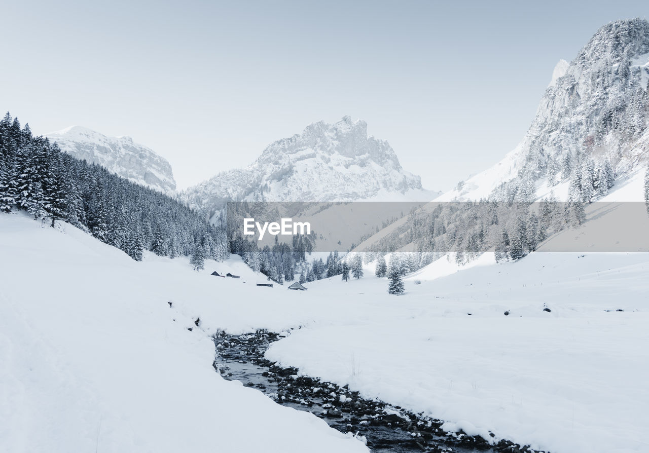 Scenic view of snowy landscape against clear sky