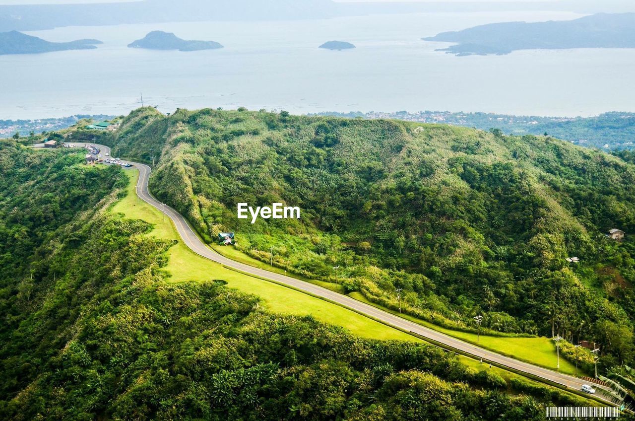 High angle view of trees on landscape against sky