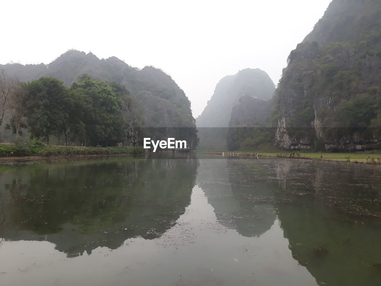 REFLECTION OF TREES IN LAKE AGAINST CLEAR SKY
