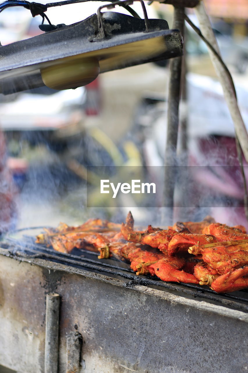 Close-up of meat on barbecue grill