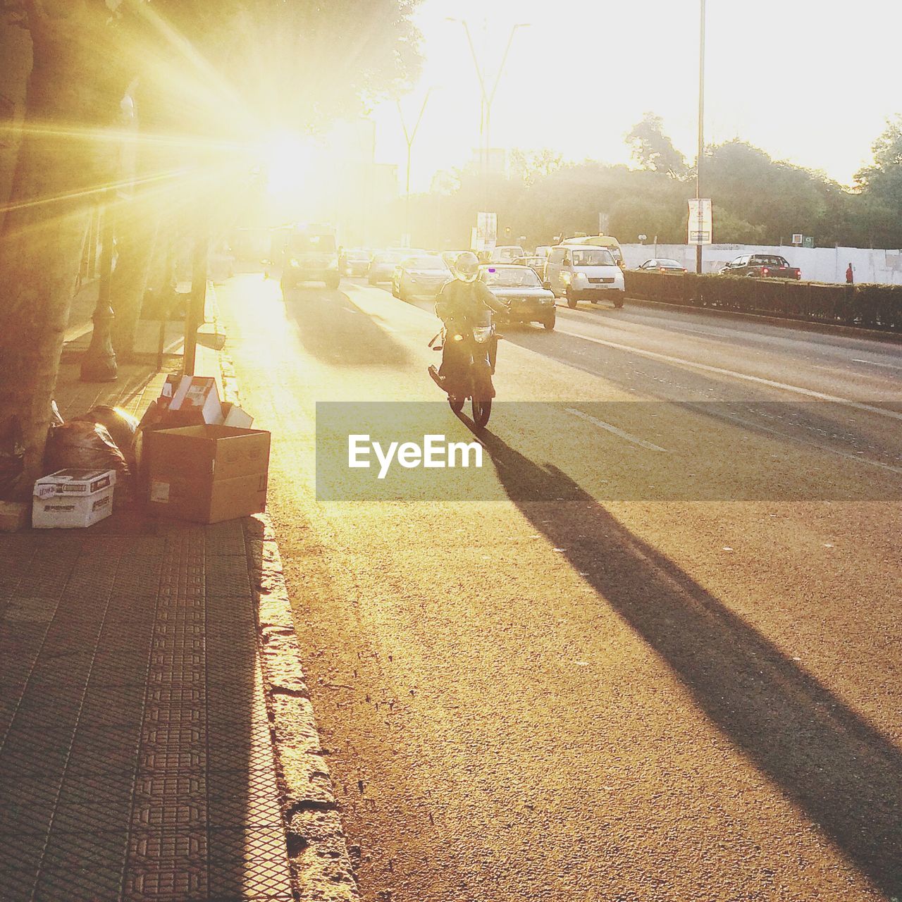 Vehicles on street in city during sunset