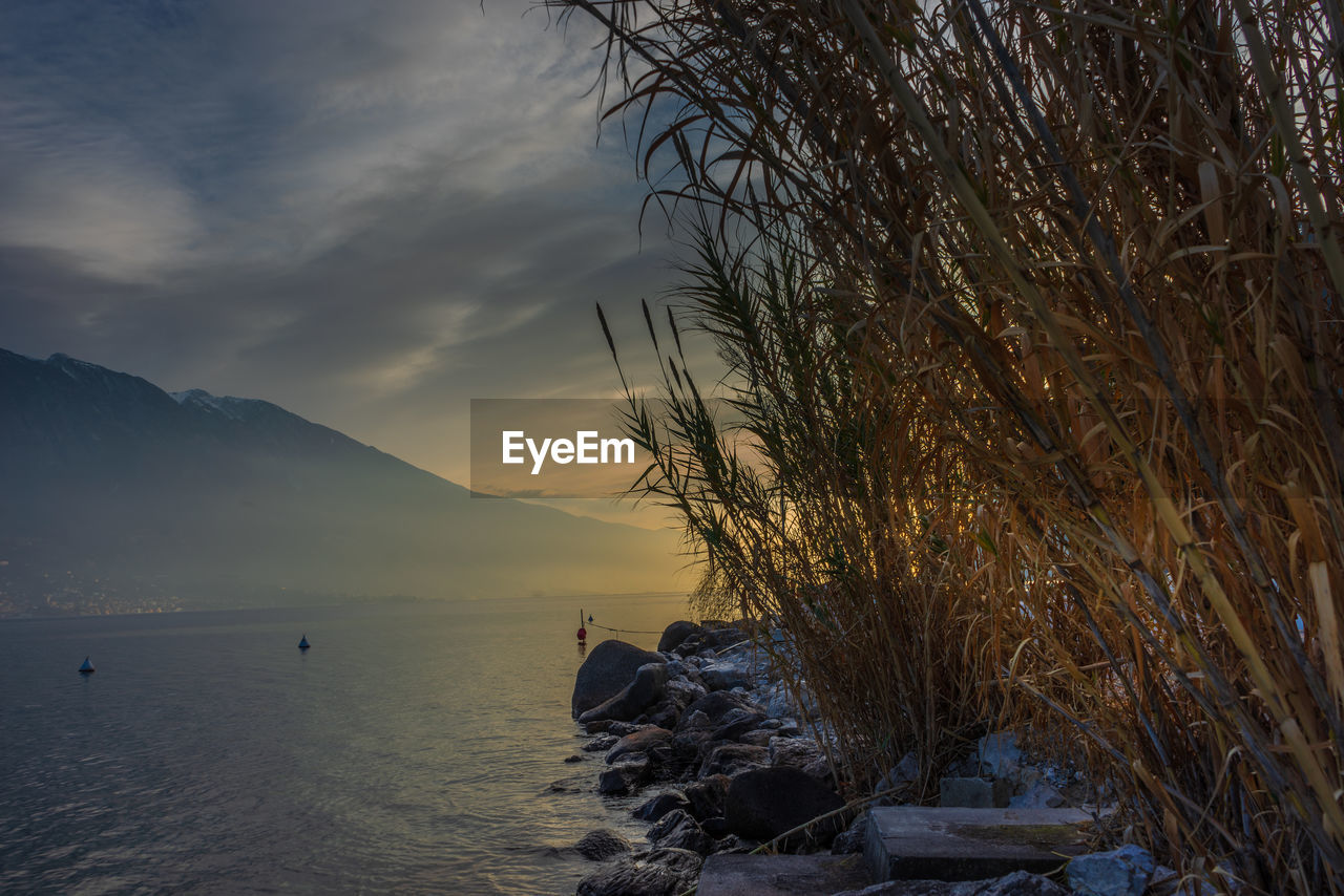 SCENIC VIEW OF SEA AT SUNSET