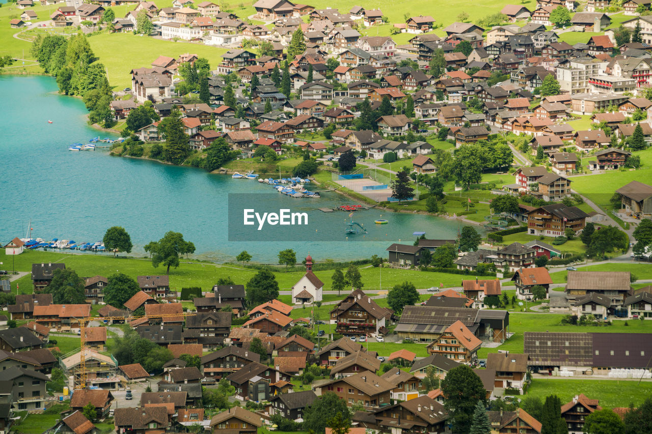 Lungern lake in obwalden in summer with a village from above