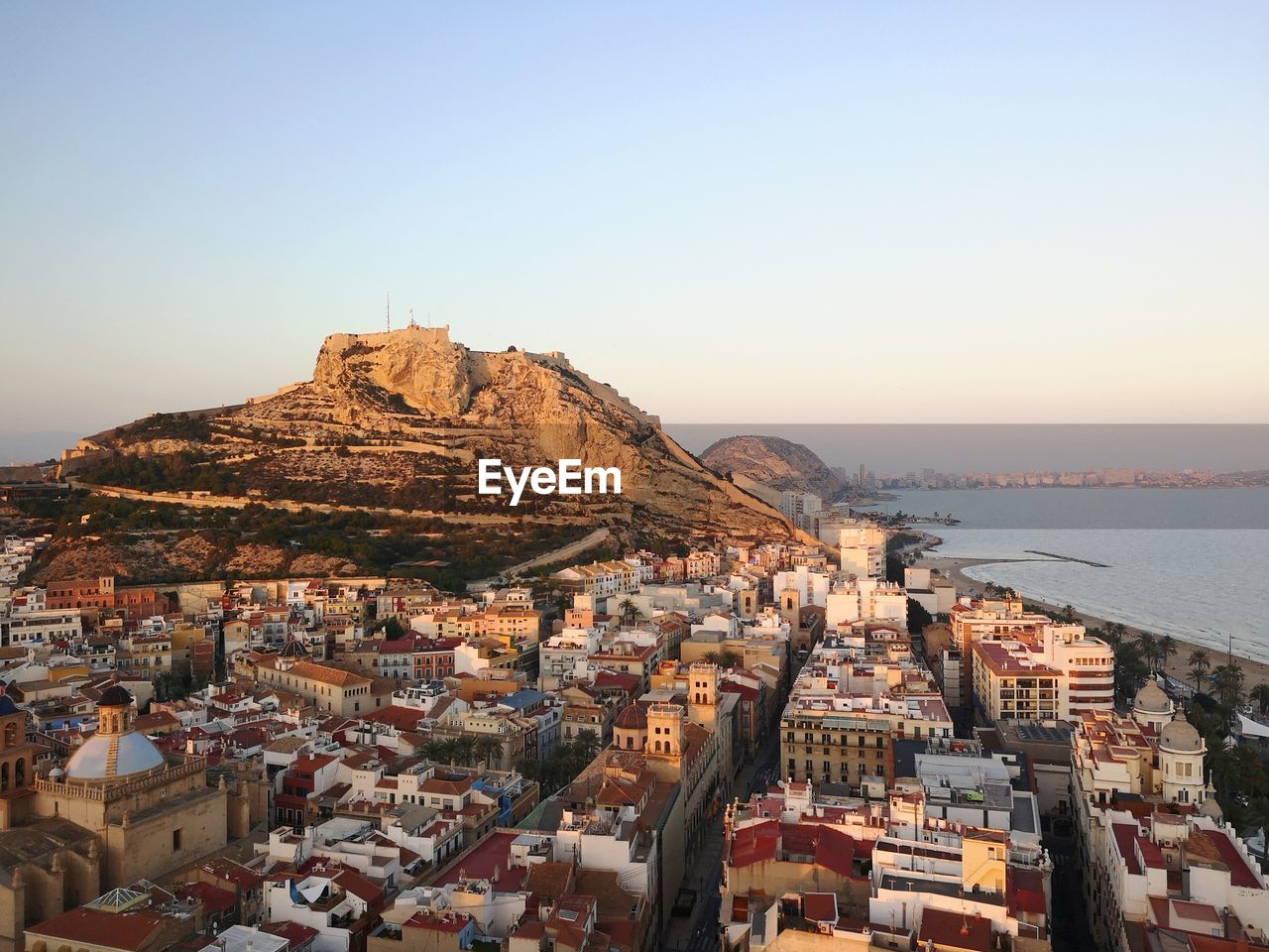 Aerial view of town by sea