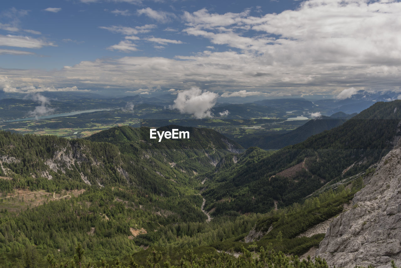 AERIAL VIEW OF VALLEY AND MOUNTAINS AGAINST SKY