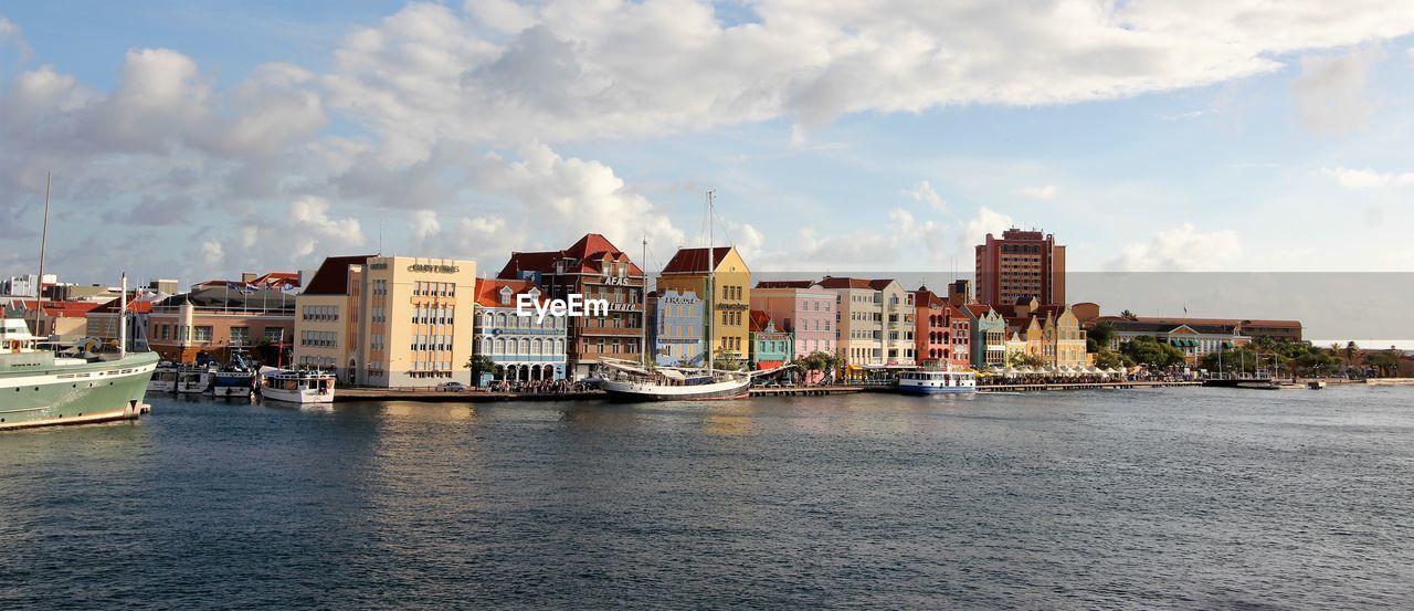 BUILDINGS BY RIVER AGAINST SKY