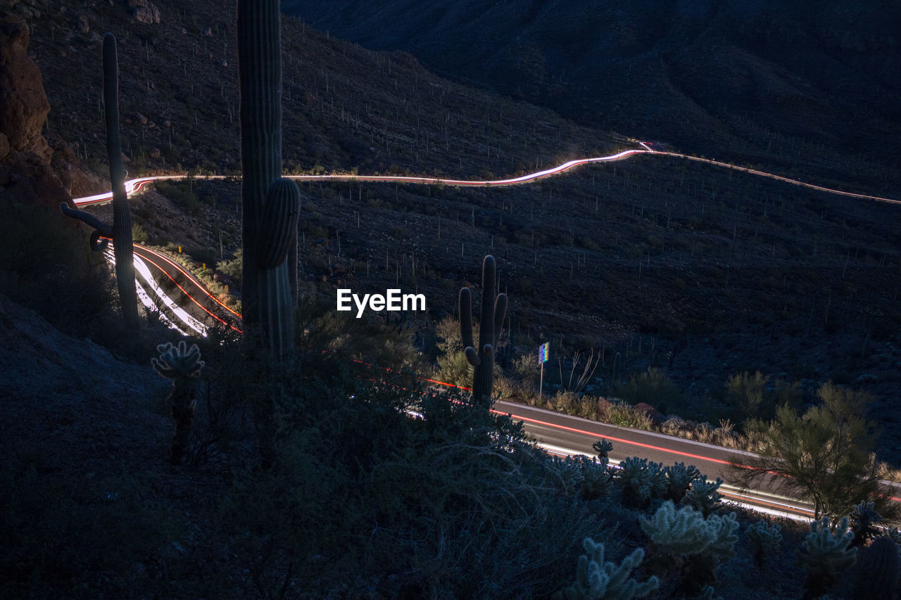 High angle view of light trail on road