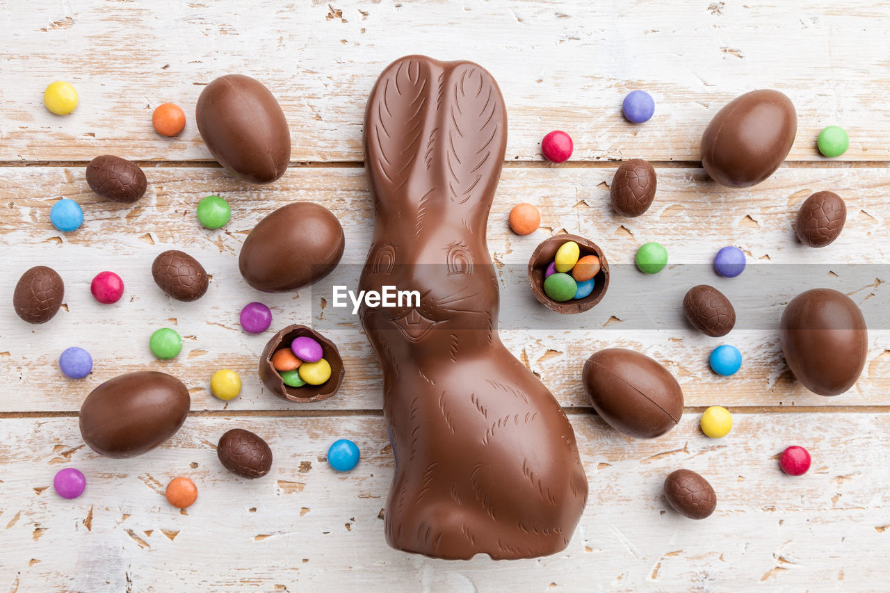 High angle view of easter chocolates on table