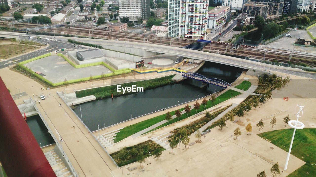 Aerial view of bridges across river in city
