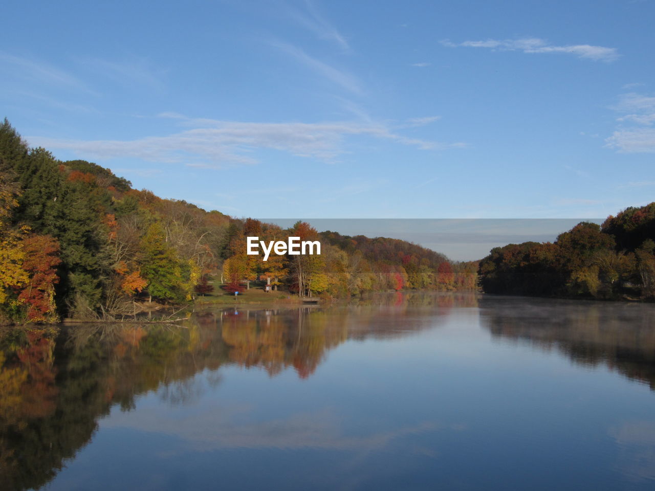 Scenic view of lake by trees against sky