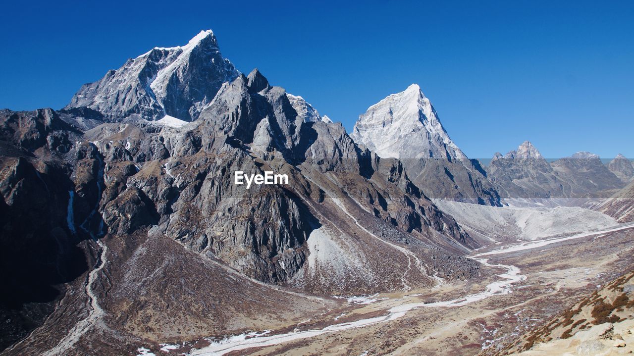 Panoramic view of snowcapped mountains against clear sky