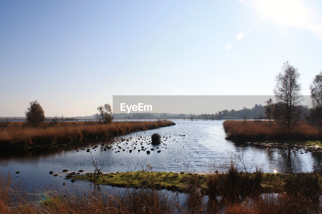 Scenic view of lake against clear sky