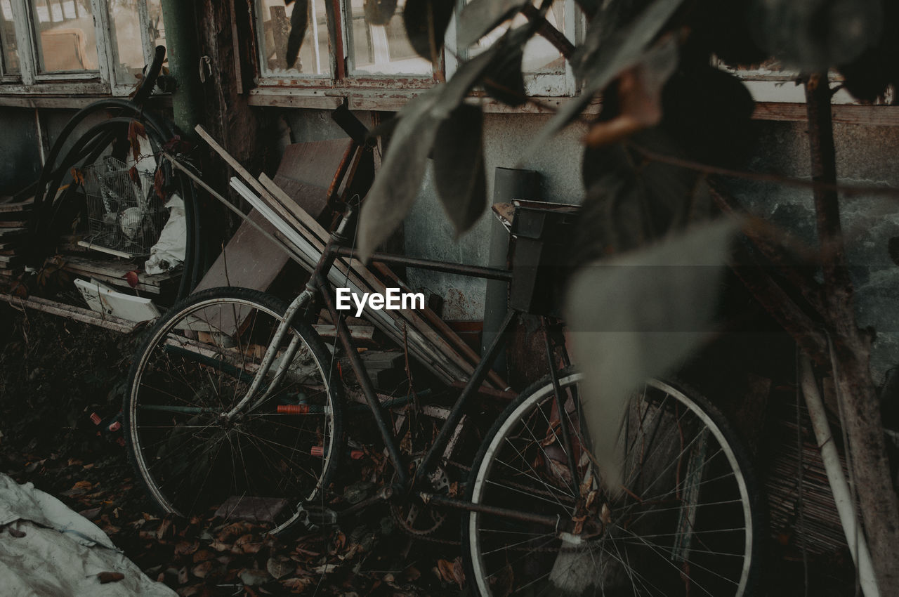 Bicycle wheel in abandoned building