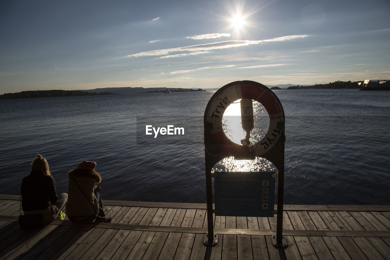 Rear view of friends sitting by life belt on pier over lake against sky