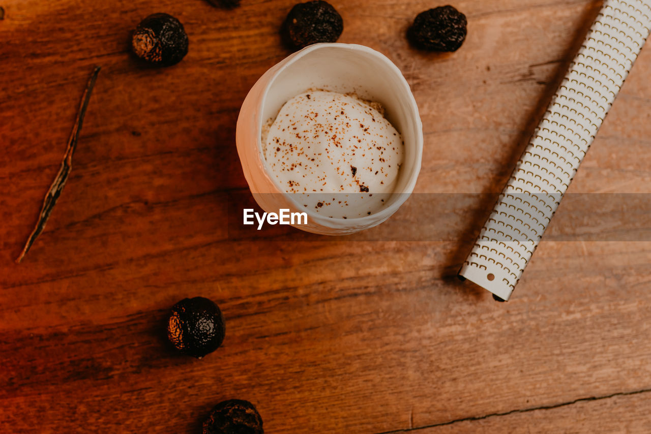 directly above shot of coffee on wooden table