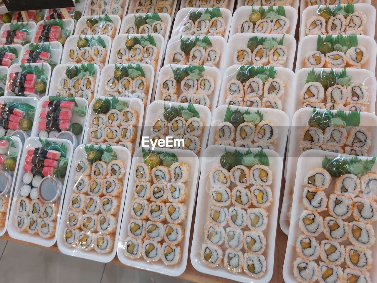 High angle view of sushi packed at store