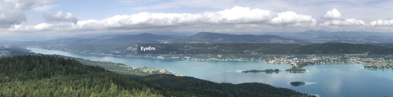 Panoramic view of landscape and lake against sky