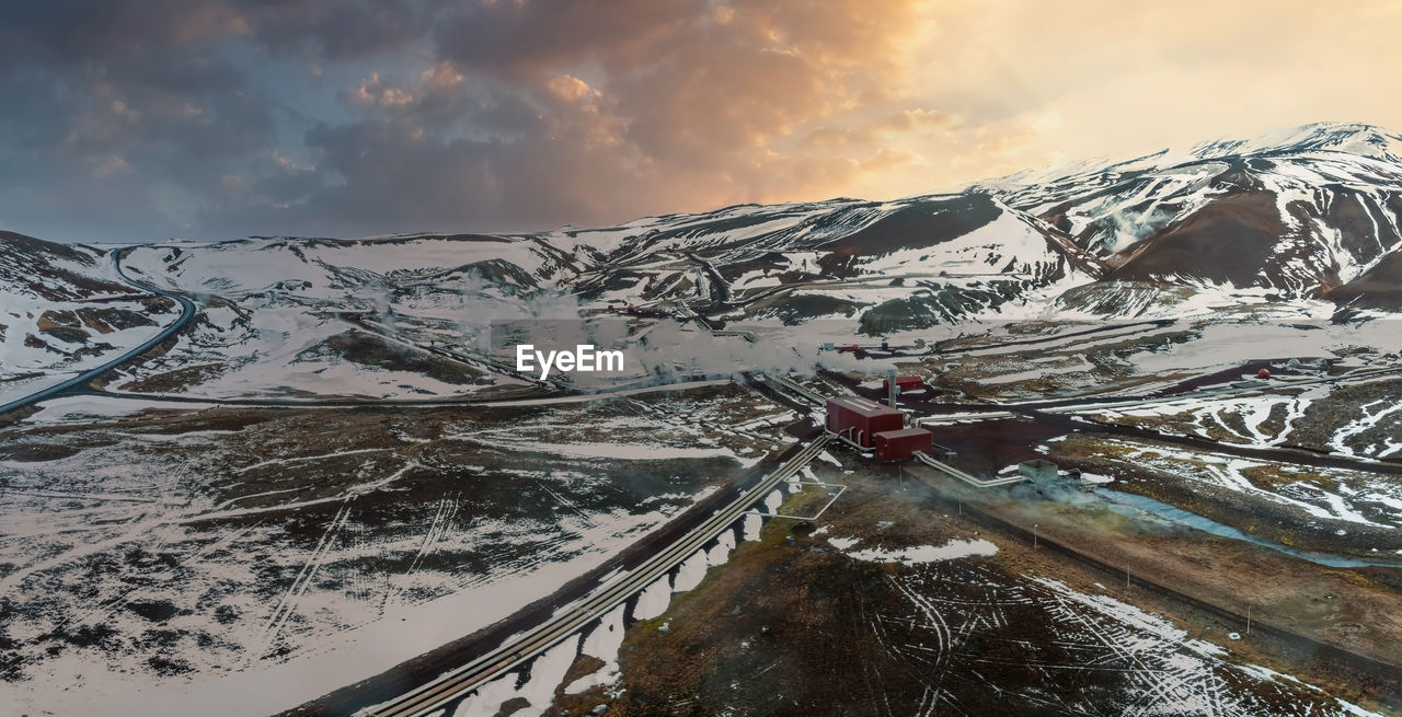 Aerial view of the krafla power plant in iceland.