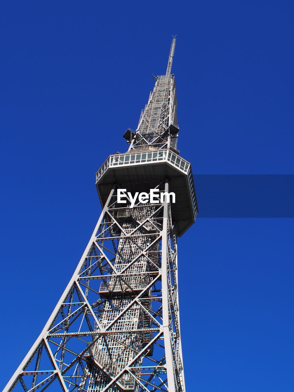 Low angle view of nagoya tower showing structure, observation deck and top of the tower