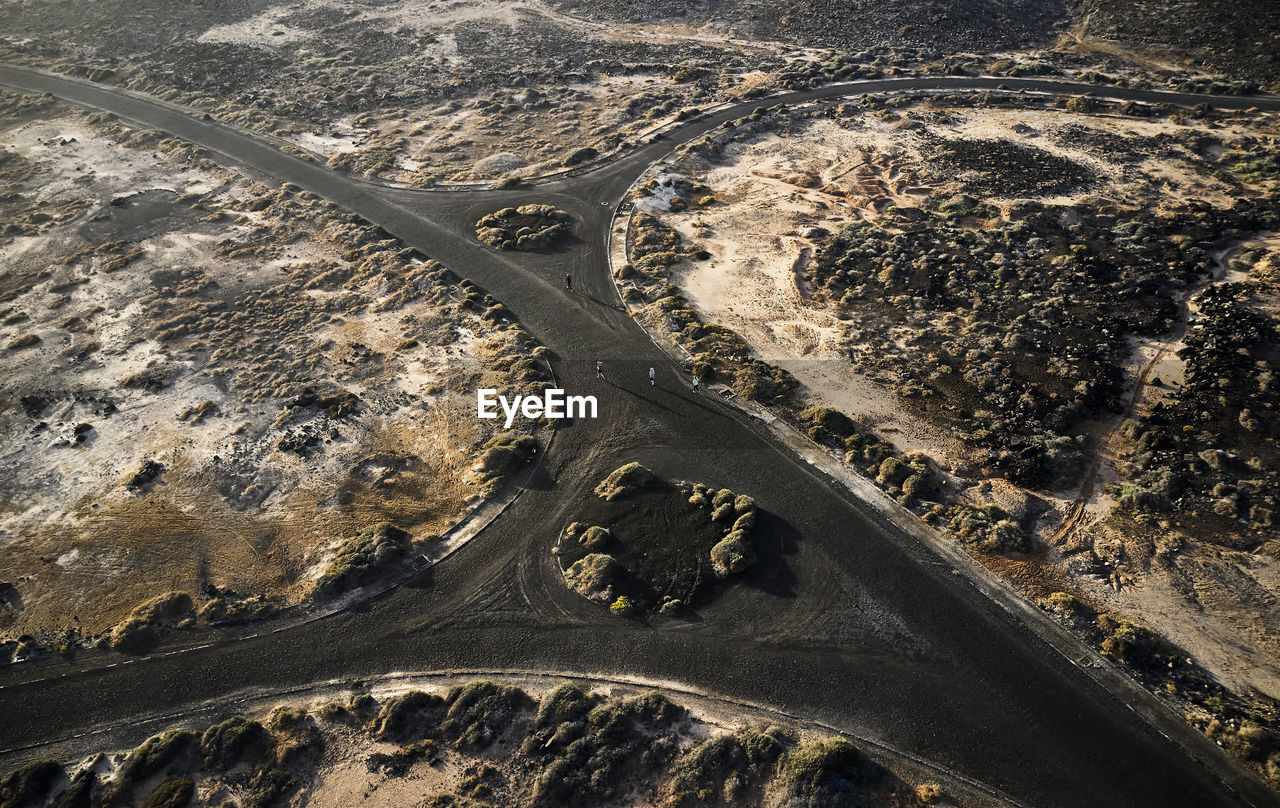 Spain, canary islands, aerial view of gravel roads of lanzarote island