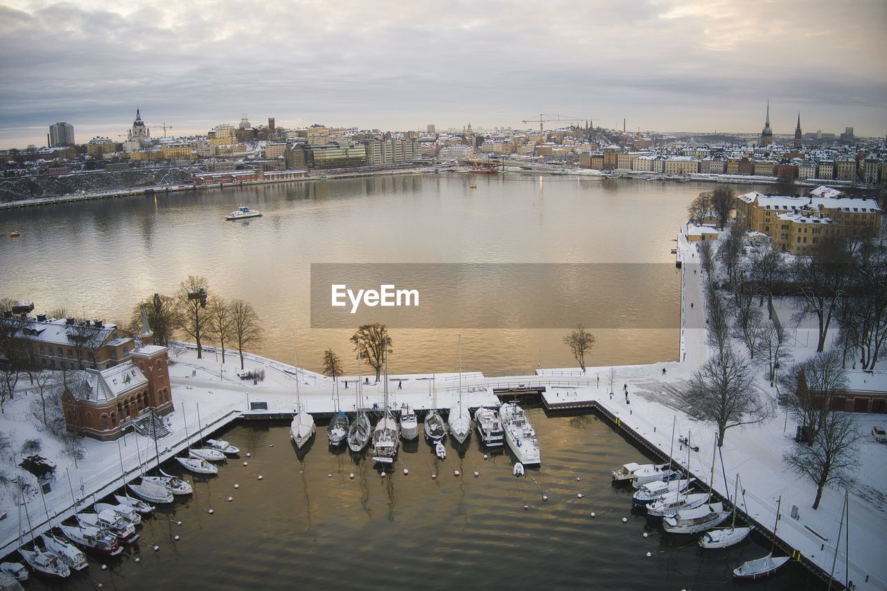 Droneview over stockholm city during the sunrise in winter