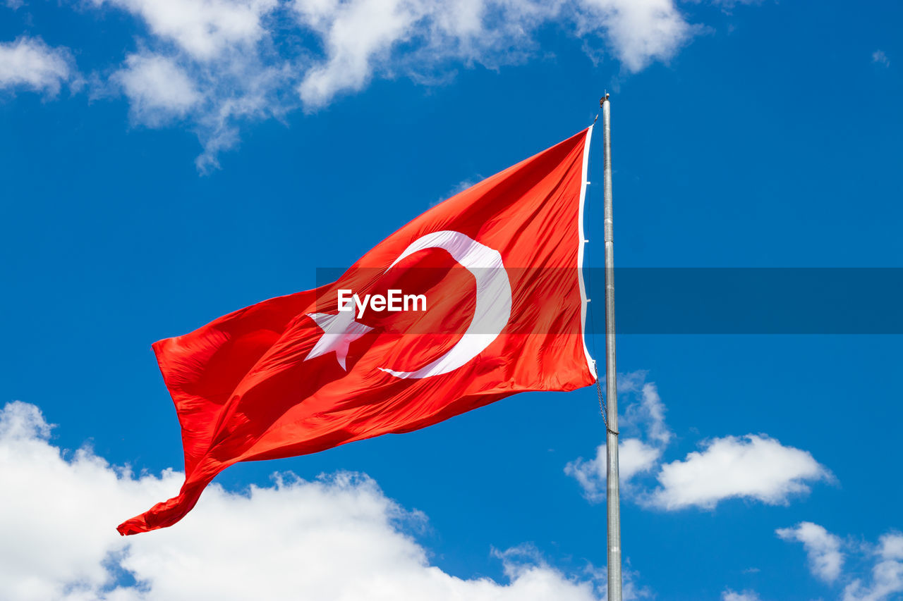 Waving turkish flag. sky background.flag with star and crescent symbol