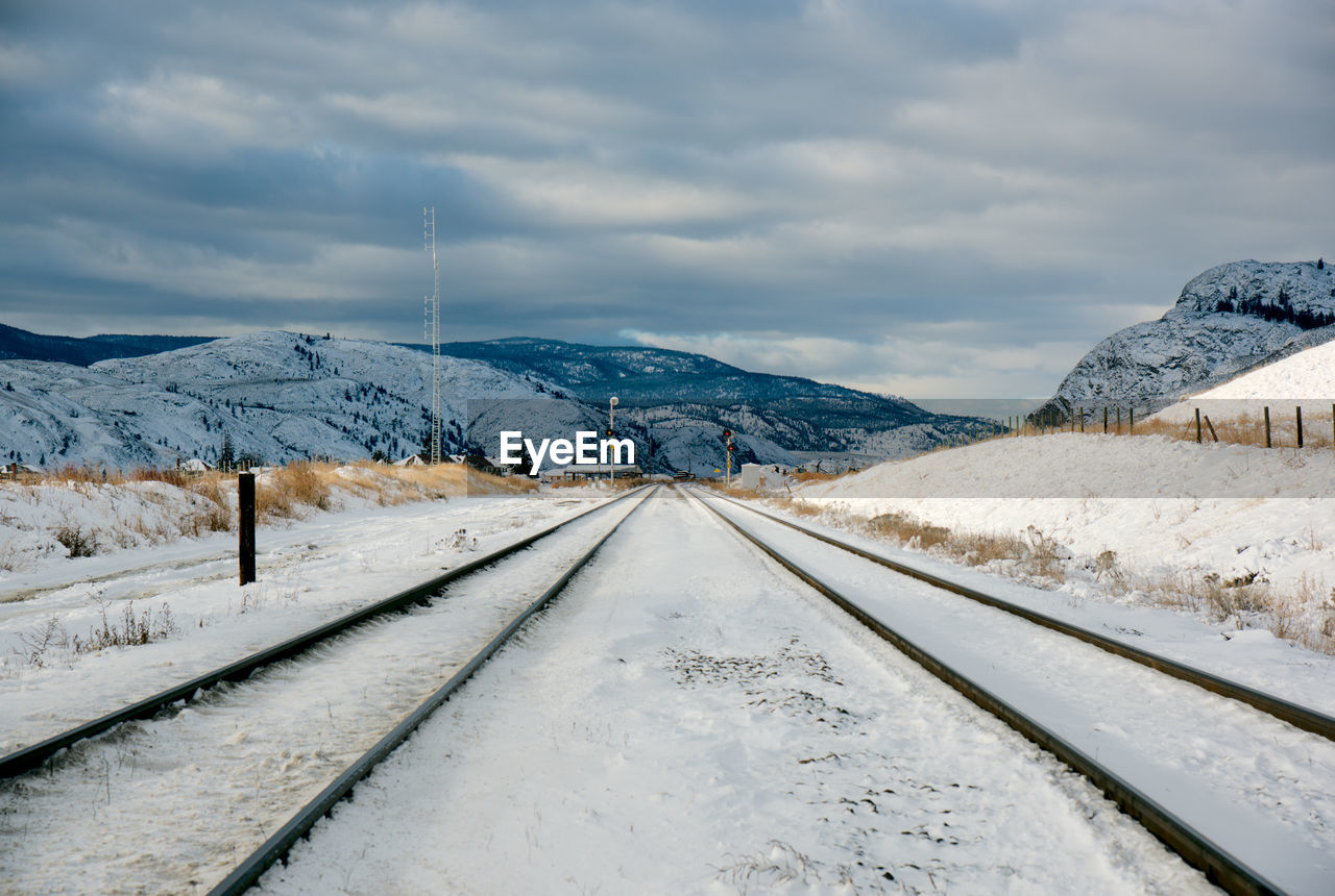 Railroad tracks amidst snow covered land