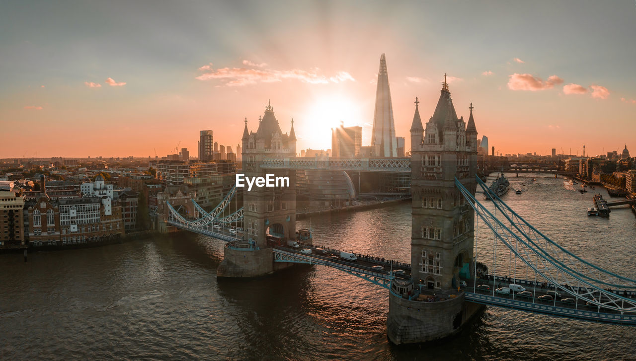 Aerial view of the london tower bridge at sunset.