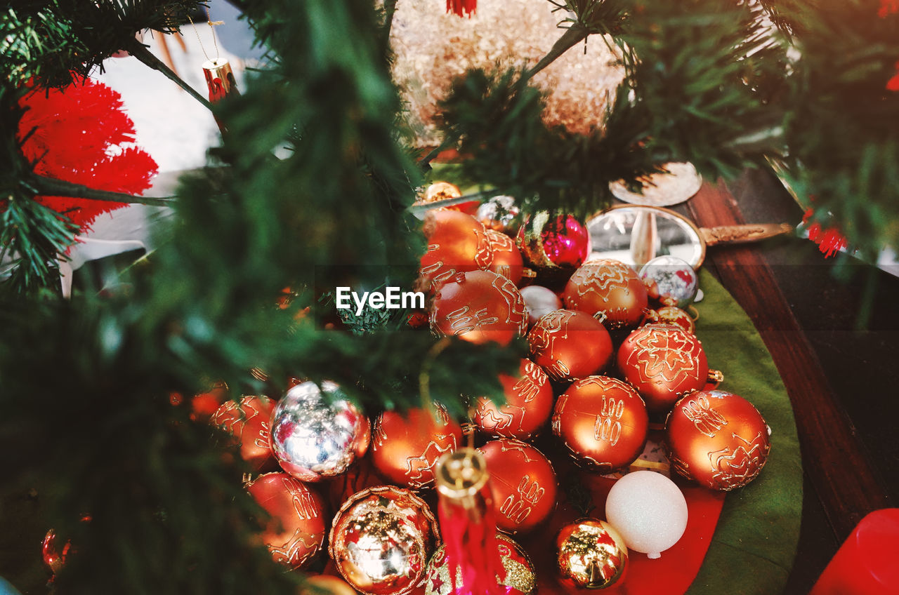 High angle view of decorated christmas tree at home