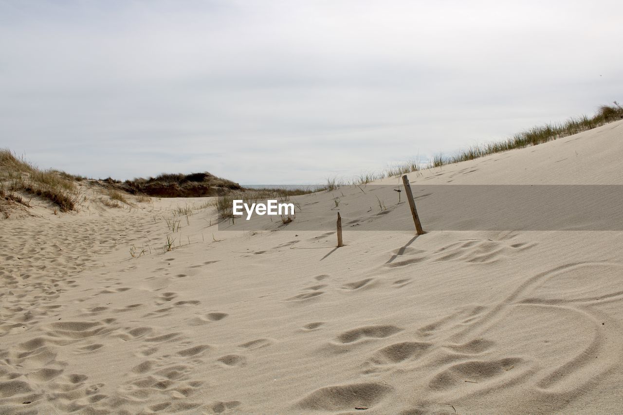 land, sand, natural environment, dune, sky, sand dune, beach, nature, landscape, scenics - nature, tranquility, environment, beauty in nature, footprint, cloud, no people, day, tranquil scene, non-urban scene, desert, outdoors, sea, absence, plant, remote, travel destinations