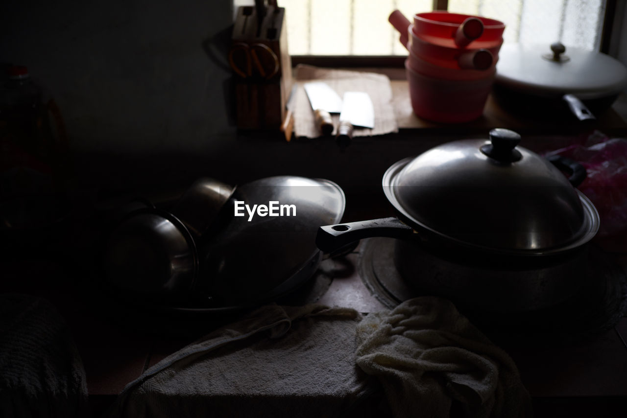 High angle view of utensils on table at home