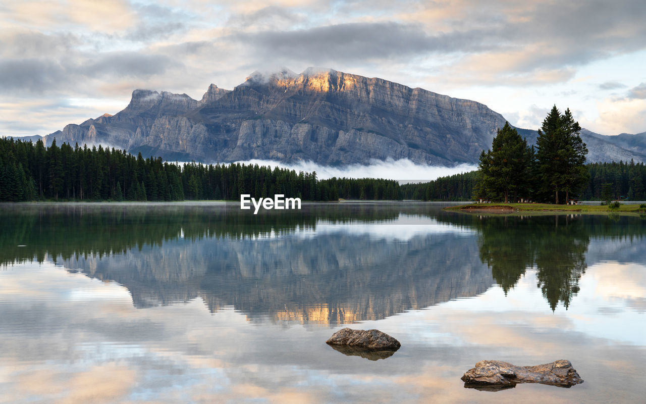 Scenic view of lake and mountains against sky