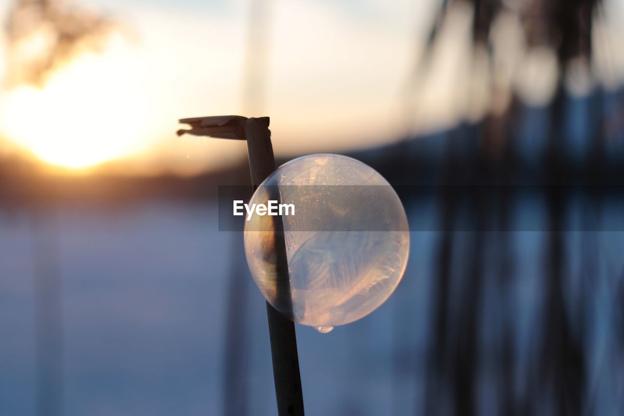 CLOSE-UP OF LAMP HANGING ON LAKE AGAINST SKY