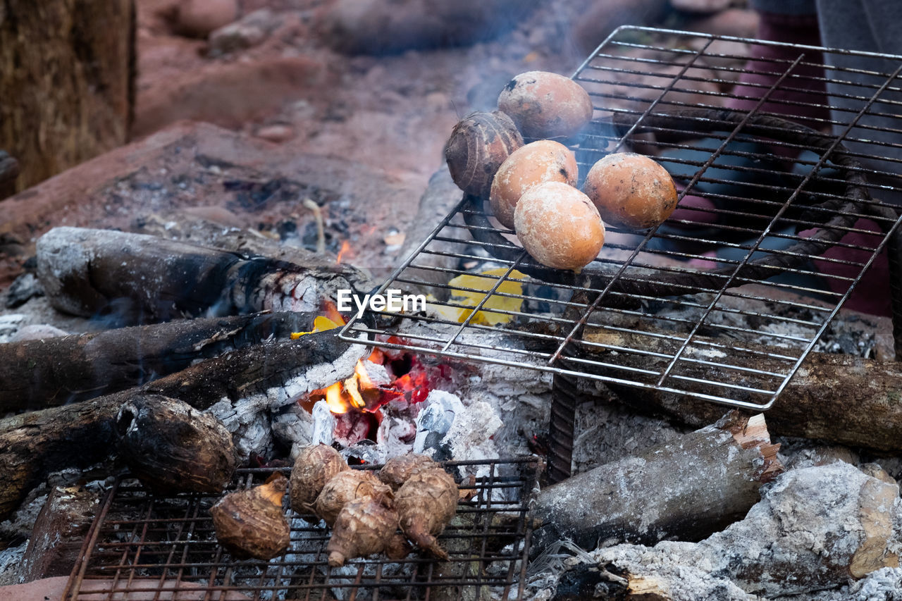 Egg grilled on sieve, simply breakfast in winter in southeast asin. people and objects