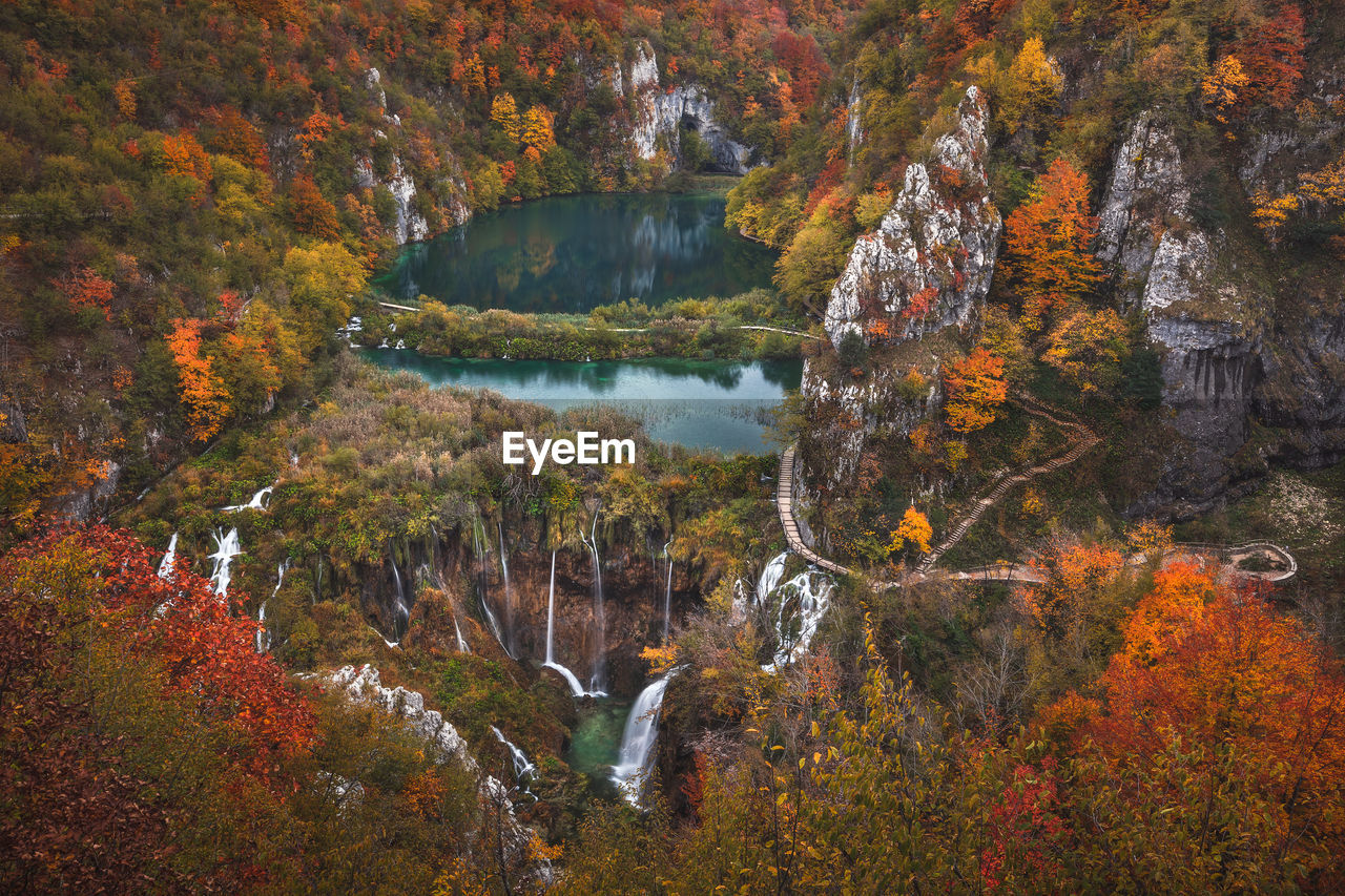 Colorful autumn season in plitvice lakes national park from croatia.