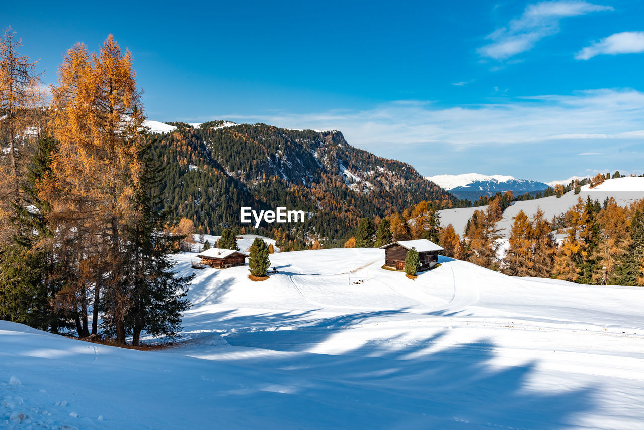 Snow covered landscape against sky