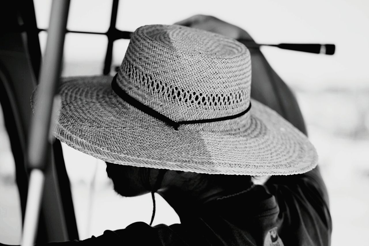 Rear view of man wearing straw hat