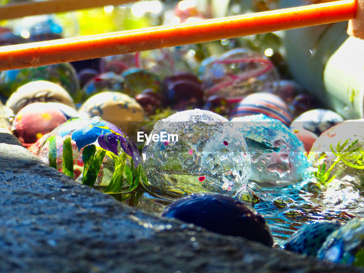 Close-up of multi colored balls in pond