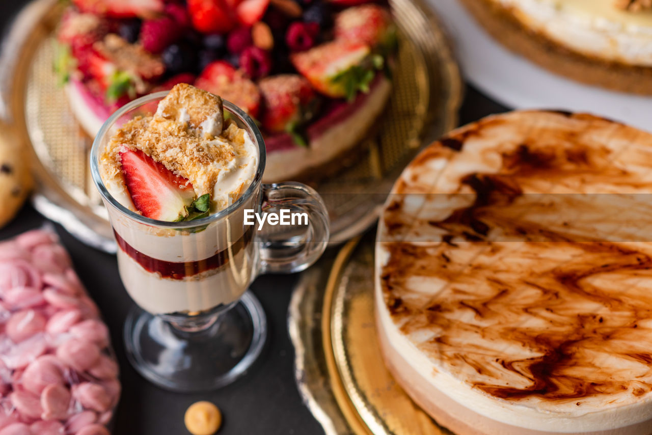 high angle view of food served on table