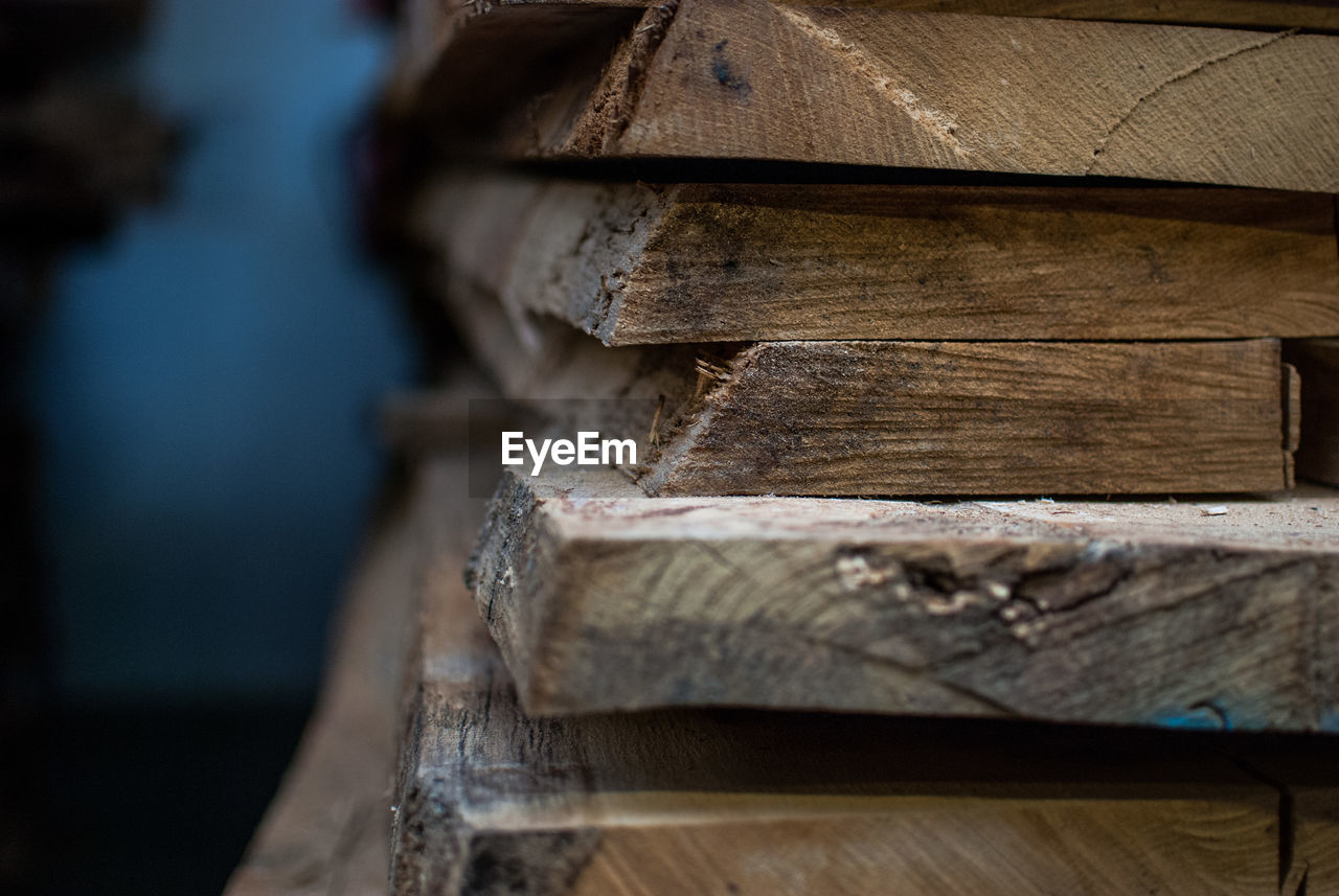 Close-up of stacked planks